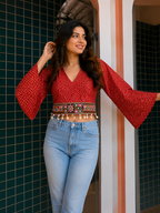 Red Bandeni Crop Top with Kutchhi Embroidered Belt