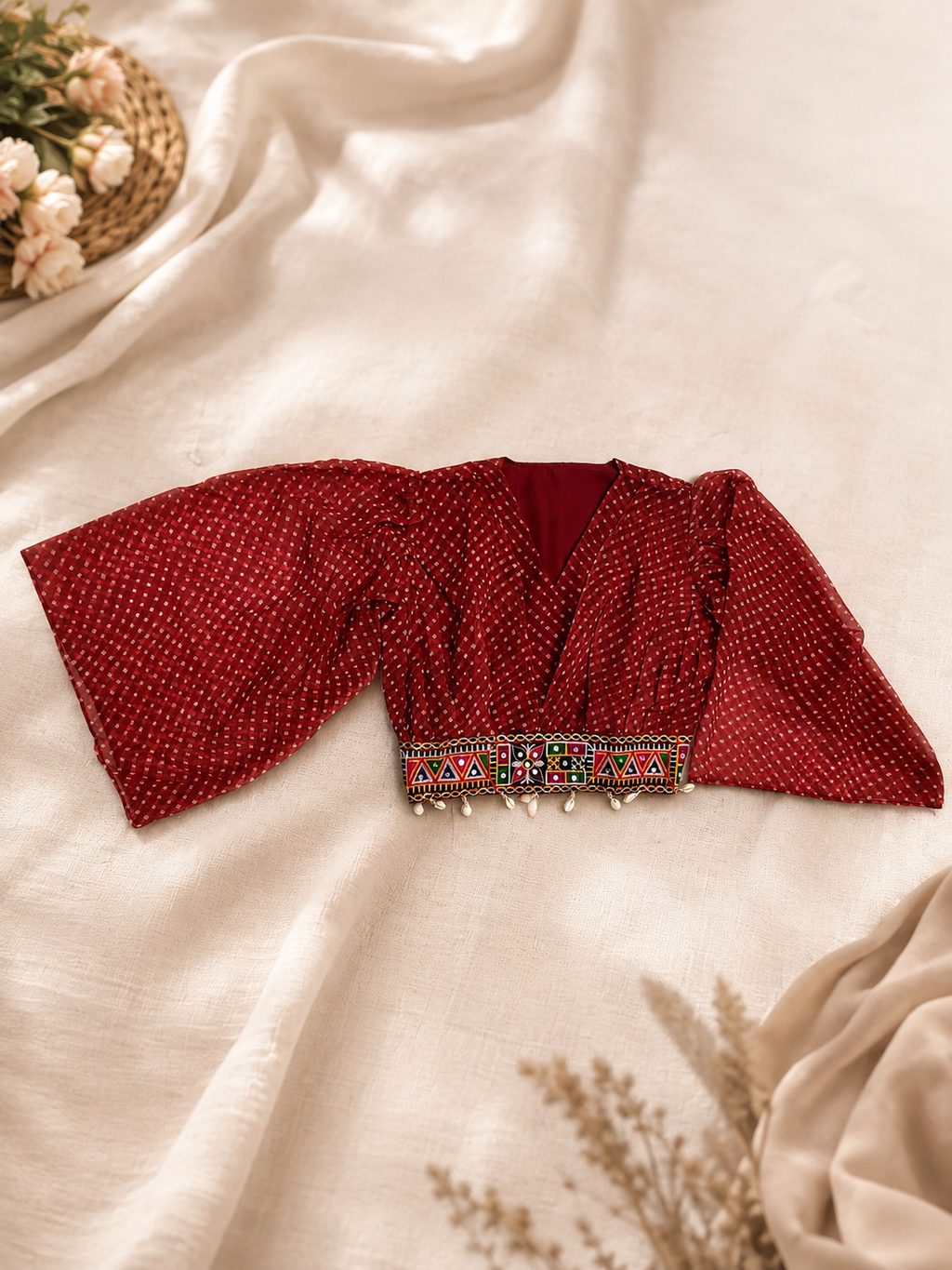 Red Bandeni Crop Top with Kutchhi Embroidered Belt