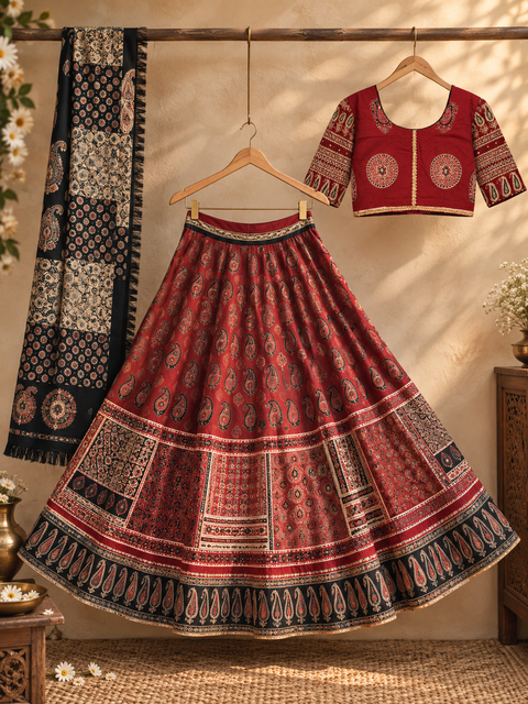 Ajrak Noor – Rust Red & Black Heritage Print Chania Choli - Plus size friendly
