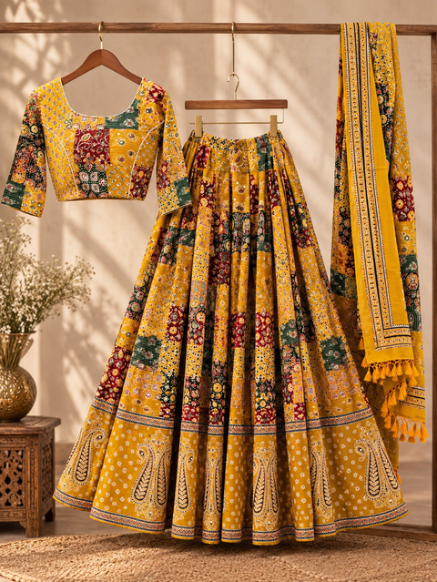 Ajrak yellow Chaniya Choli