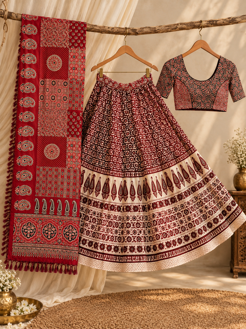 Ajrak Adaa – Traditional Yet Elegant Red Ajrak Chania Choli
