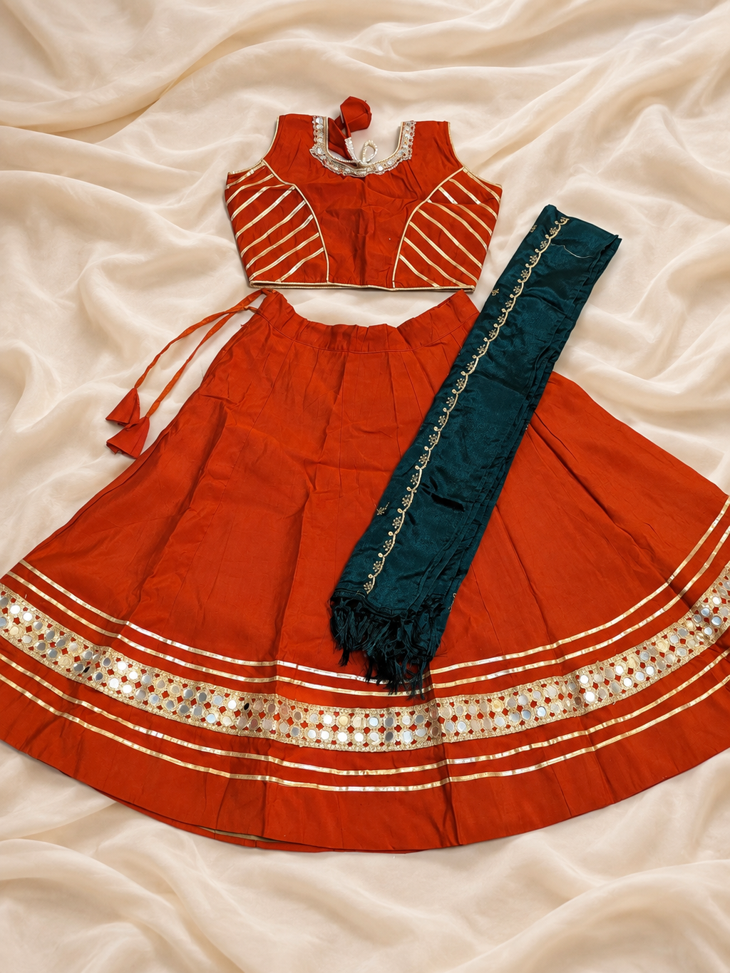 Rust Orange Mirror Work Ghagra Kids