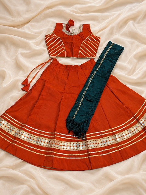 Rust Orange Mirror Work Ghagra Kids