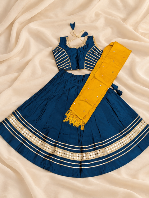 Navy Blue Mirror Work Gota Patti Ghagra Kids