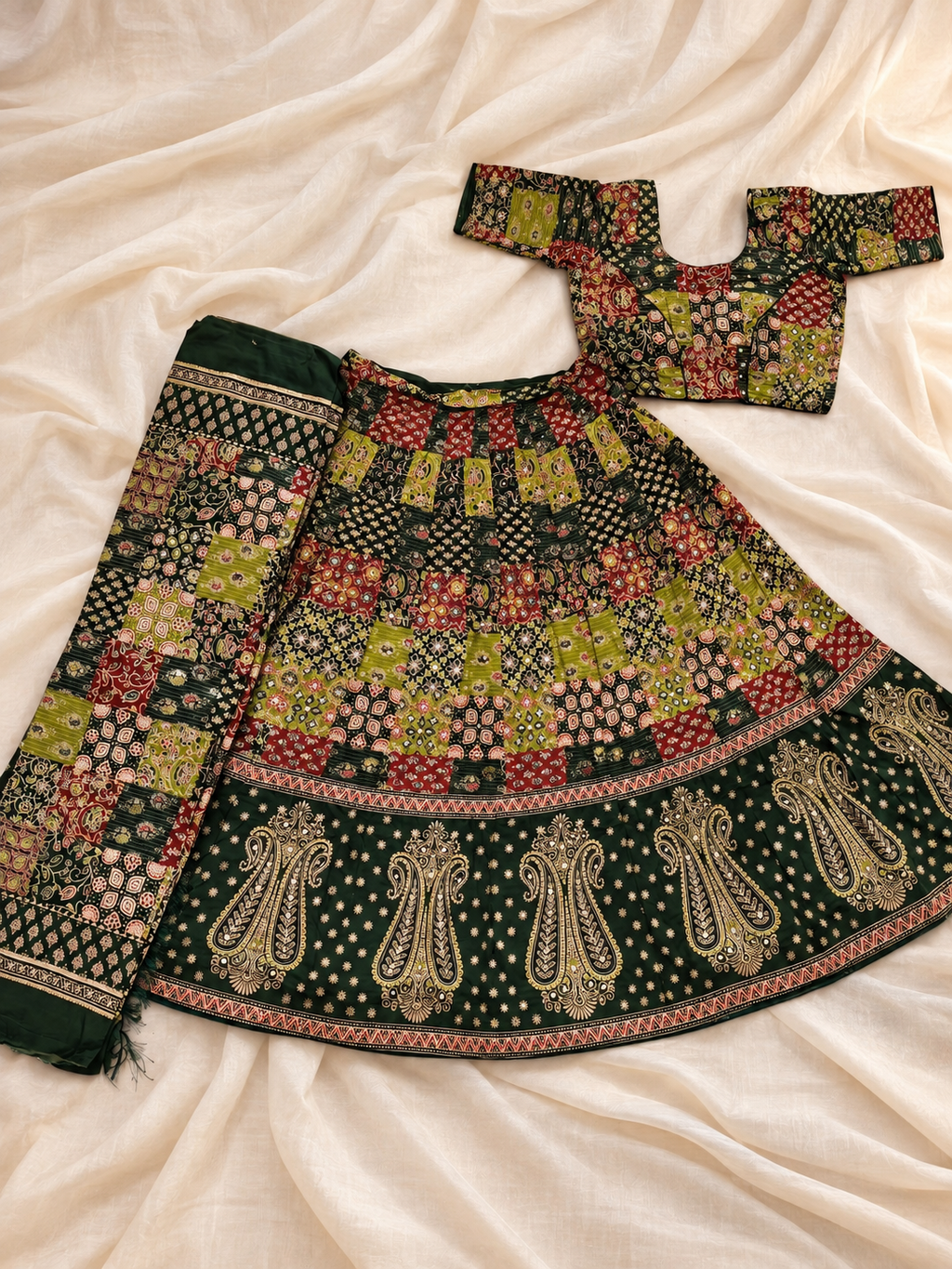 Parrot Green & Yellow Ajrak Appliqué & Sequin Work Ghagra Choli Set with Dupatta