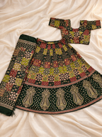 Parrot Green & Yellow Ajrak Appliqué & Sequin Work Ghagra Choli Set with Dupatta