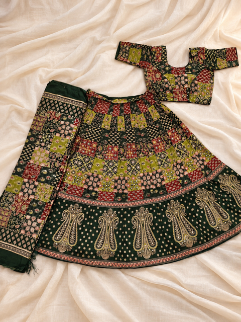 Parrot Green & Yellow Ajrak Appliqué & Sequin Work Ghagra Choli Set with Dupatta