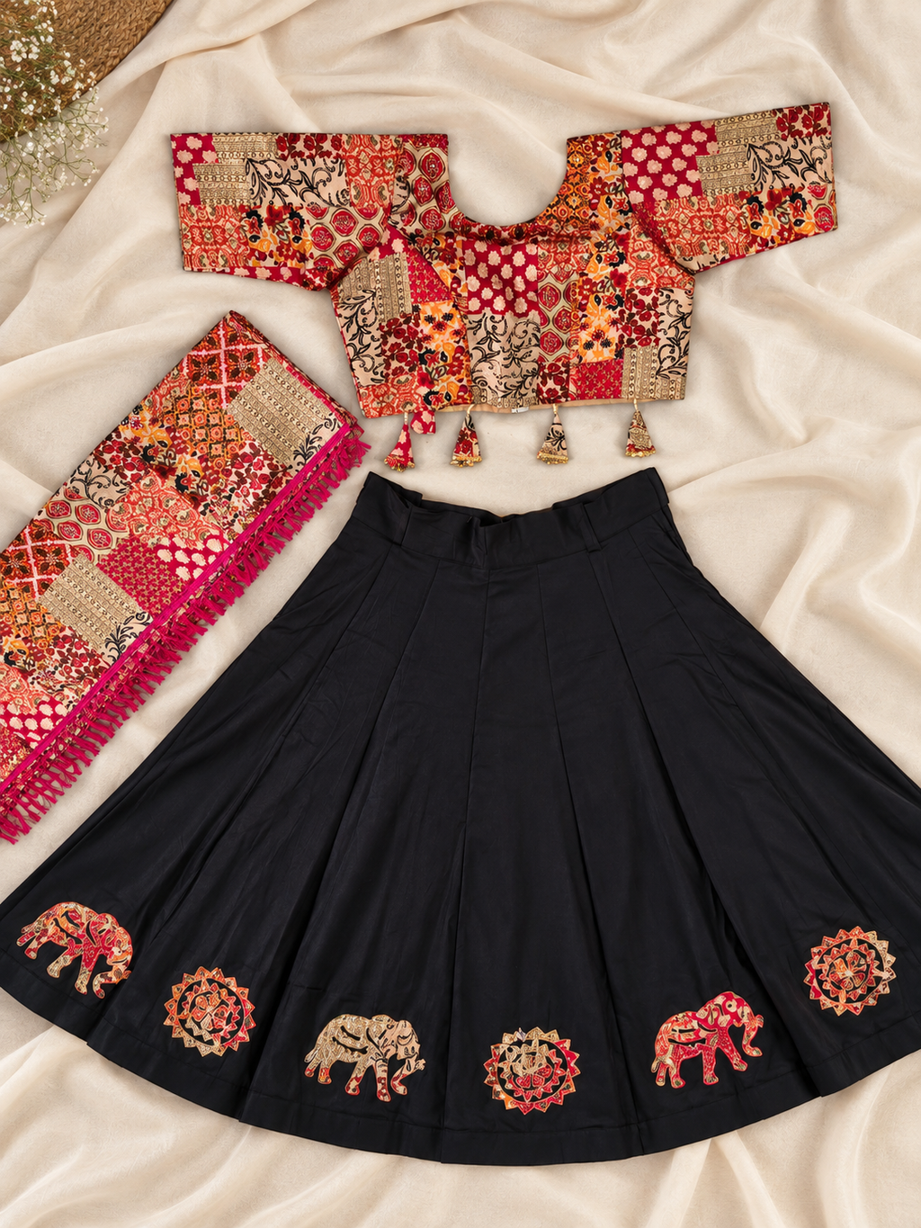 Mother Daughter Matching Black /Pink Ajrak Elephant Applique Ghagra Choli Set