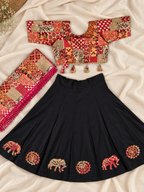Mother Daughter Matching Black /Pink Ajrak Elephant Applique Ghagra Choli Set