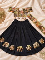 Mother Daughter Matching Black /Green Ajrak Elephant Applique Ghagra Choli Set