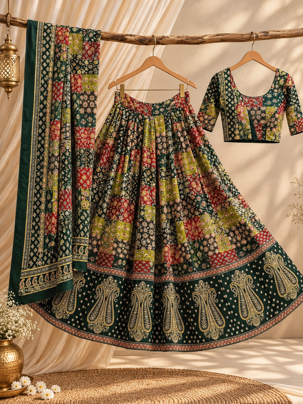 Parrot Green & Yellow Ajrak Appliqué & Sequin Work Ghagra Choli Set with Dupatta