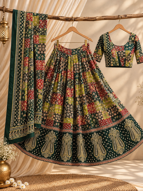 Parrot Green & Yellow Ajrak Appliqué & Sequin Work Ghagra Choli Set with Dupatta