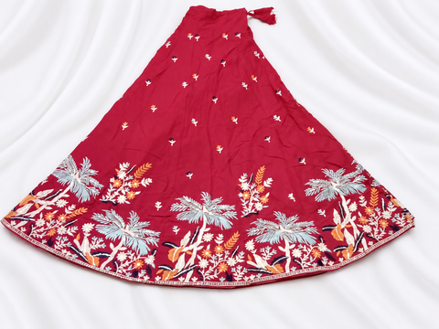 Full red embroidered ghagara flat lay