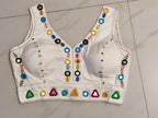Ivory chaniya choli blouse with multicolour mirror and cowrie work