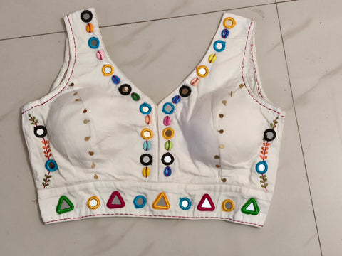 Ivory chaniya choli blouse with multicolour mirror and cowrie work
