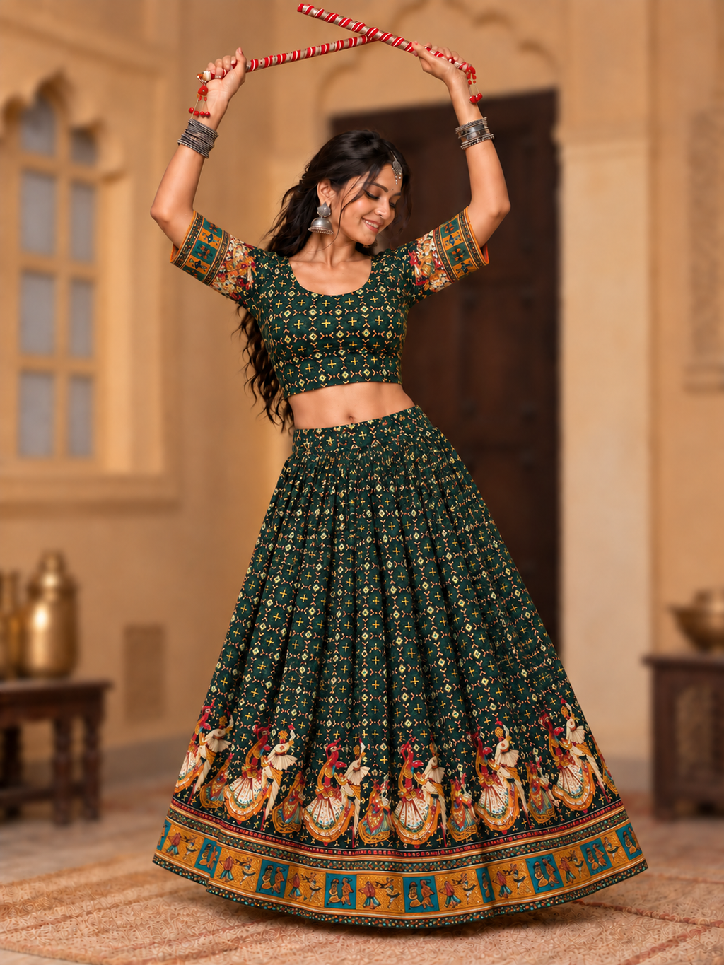 Green Gopis Dancing Chania Choli model shot