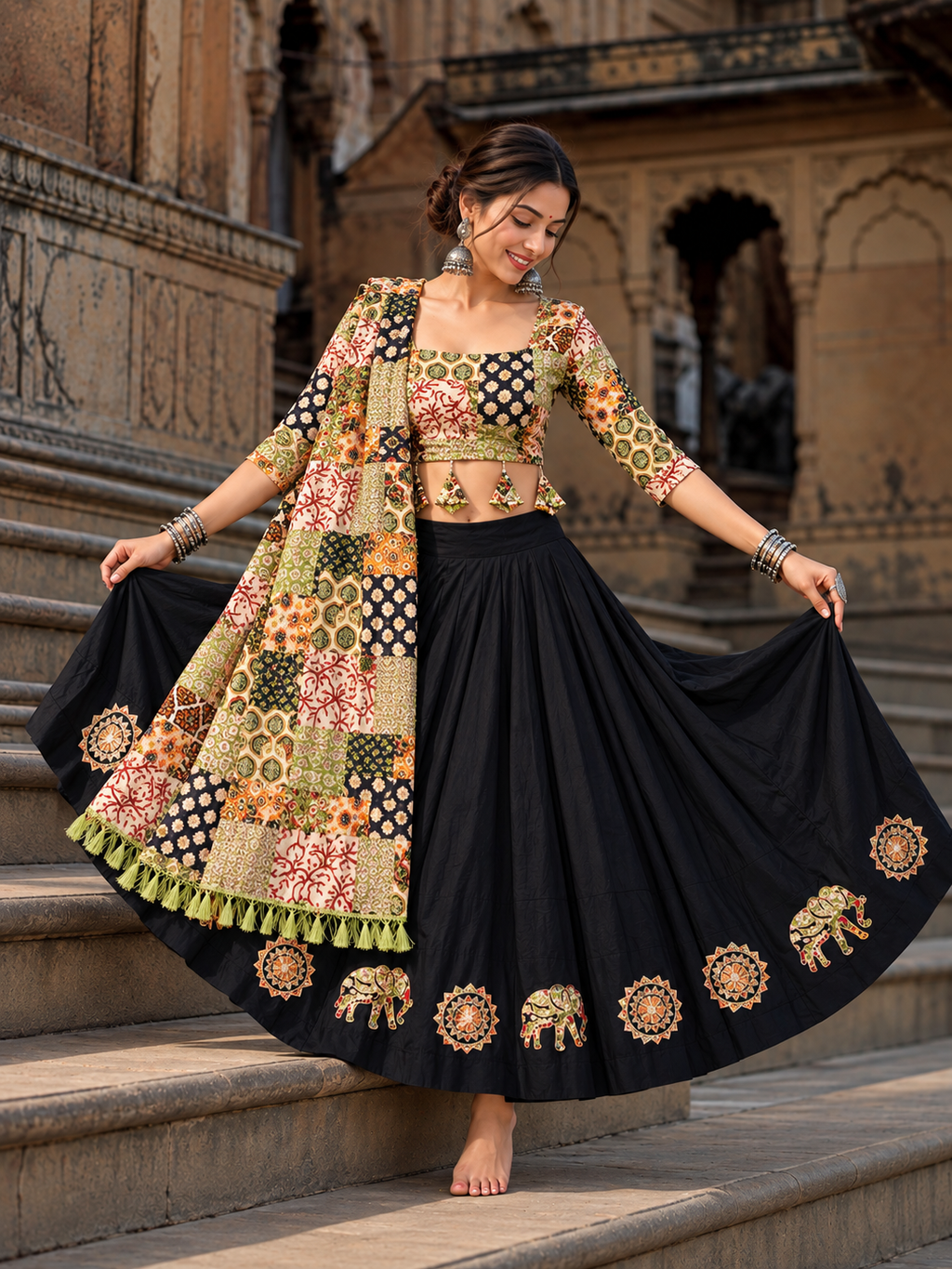 Mother Daughter Matching Black /Green Ajrak Elephant Applique Ghagra Choli Set