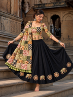 Mother Daughter Matching Black /Green Ajrak Elephant Applique Ghagra Choli Set