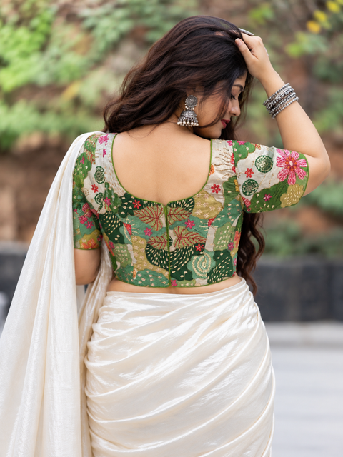 Plus Size Green Floral Embroidered Patchwork Saree Blouse with U Neck