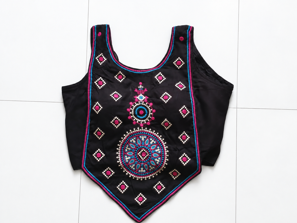 Black sleeveless embroidered choli front