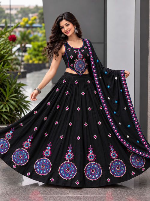 Black embroidered Navratri chaniya choli on model
