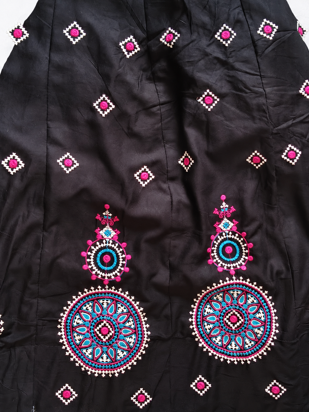 Black ghagara pink and turquoise embroidered motifs