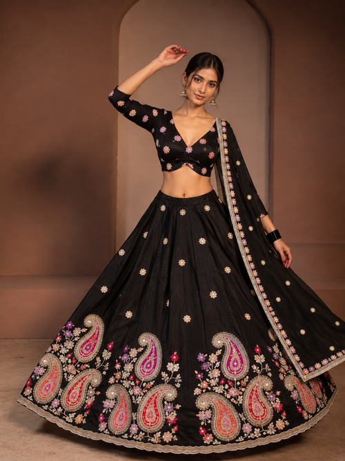 Kajrare black mango paisley embroidered chaniya choli front model view