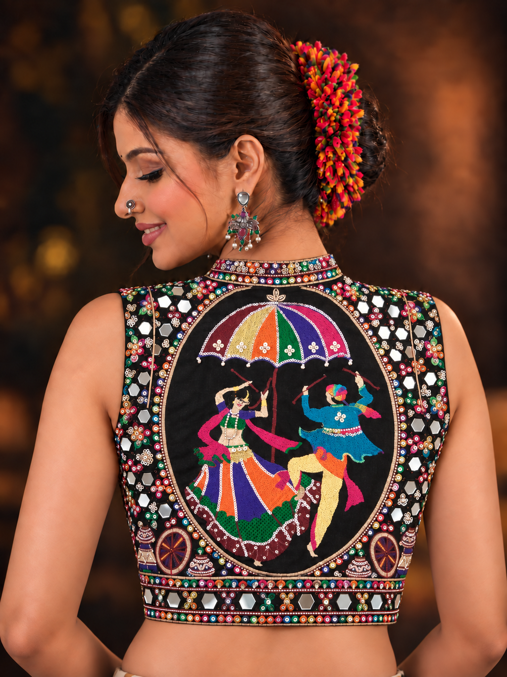 Kamariya black mirror work blouse on model, back view