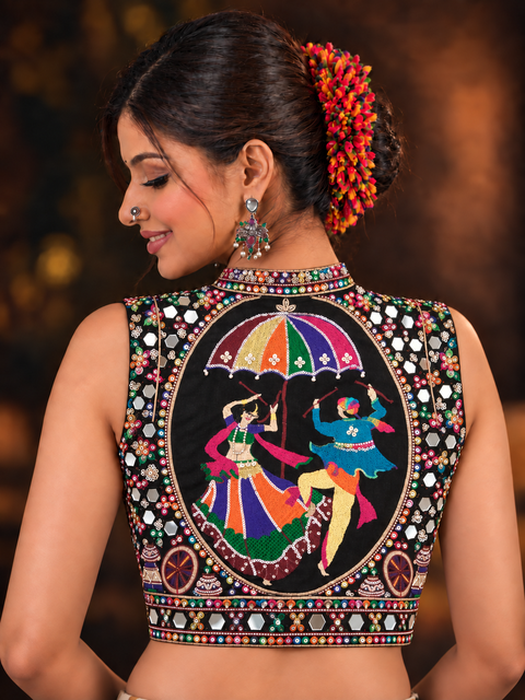 Kamariya black mirror work blouse on model, back view