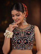 Kamariya black mirror work blouse on model, front view