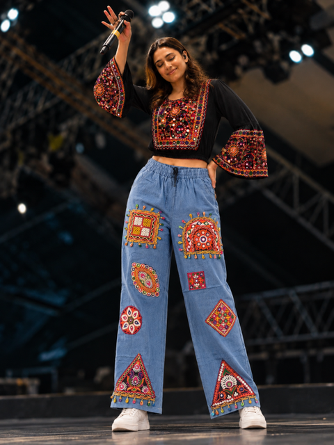 Light blue denim palazzo model view 5