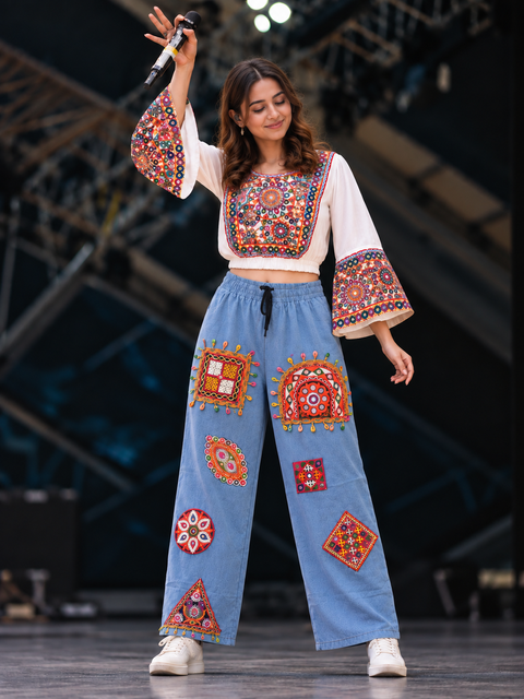 Light blue denim palazzo model view 6