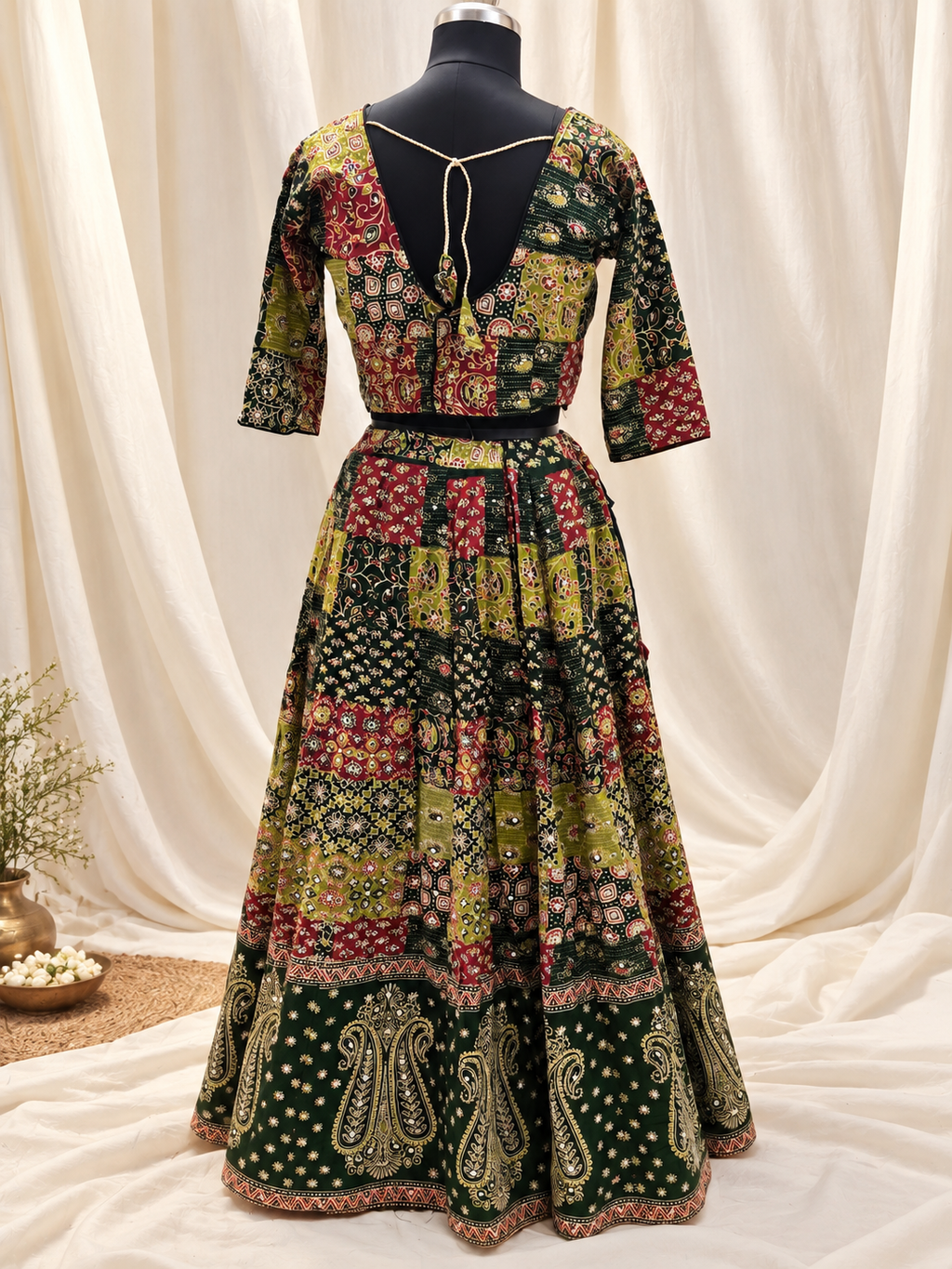 Parrot Green & Yellow Ajrak Appliqué & Sequin Work Ghagra Choli Set with Dupatta