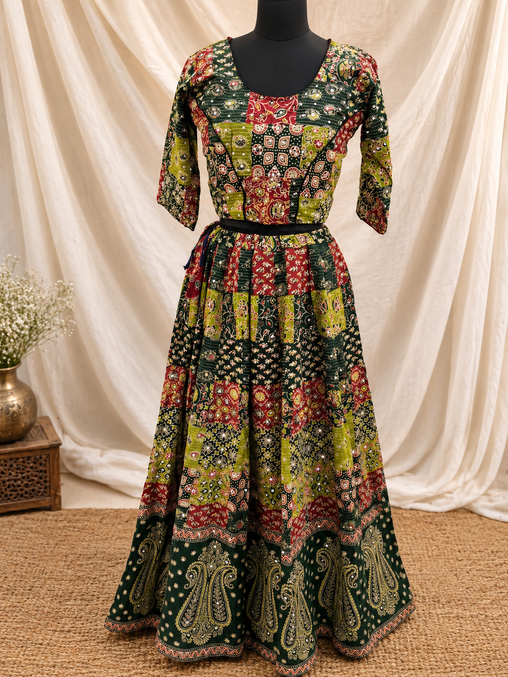 Parrot Green & Yellow Ajrak Appliqué & Sequin Work Ghagra Choli Set with Dupatta