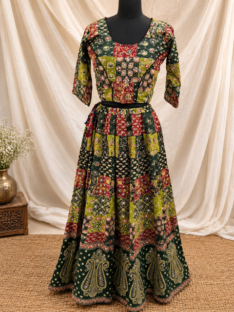 Parrot Green & Yellow Ajrak Appliqué & Sequin Work Ghagra Choli Set with Dupatta