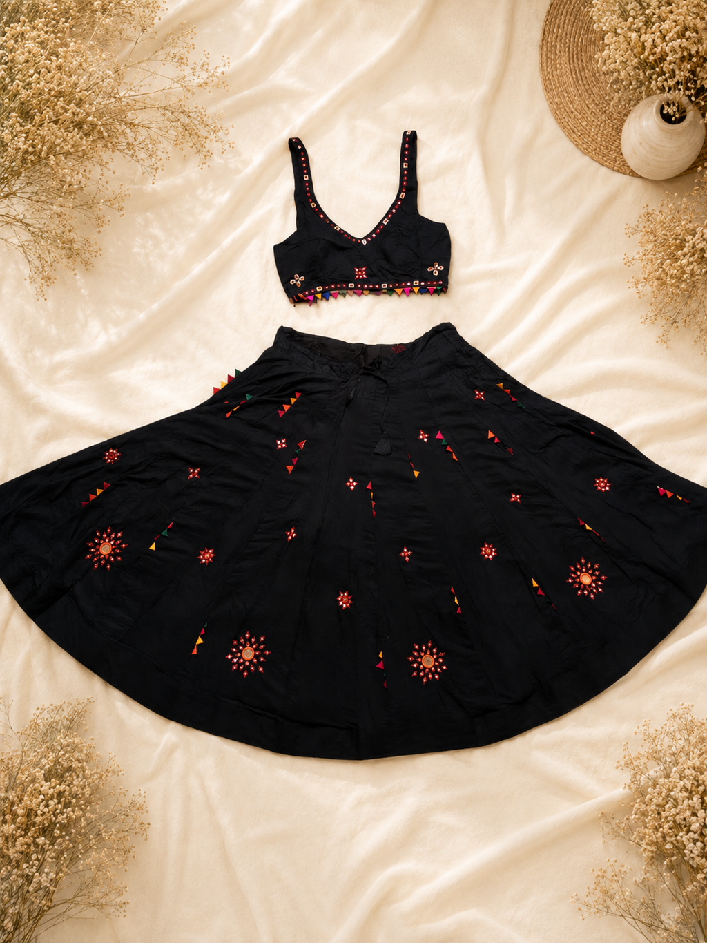 Mirror Work Bunting Black Lehenga Choli