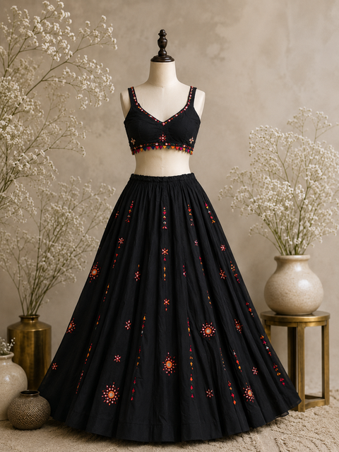 Mirror Work Bunting Black Lehenga Choli