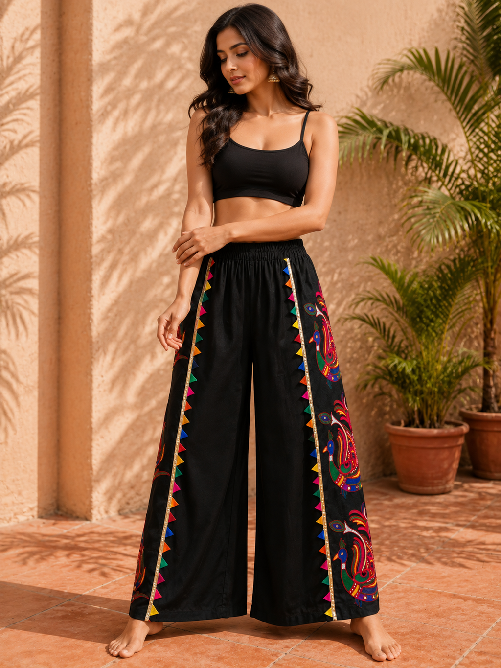 Peacock Pop Pant | Black Embroidered Navratri Palazzo Pants for Women