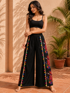 Peacock Pop Pant | Black Embroidered Navratri Palazzo Pants for Women