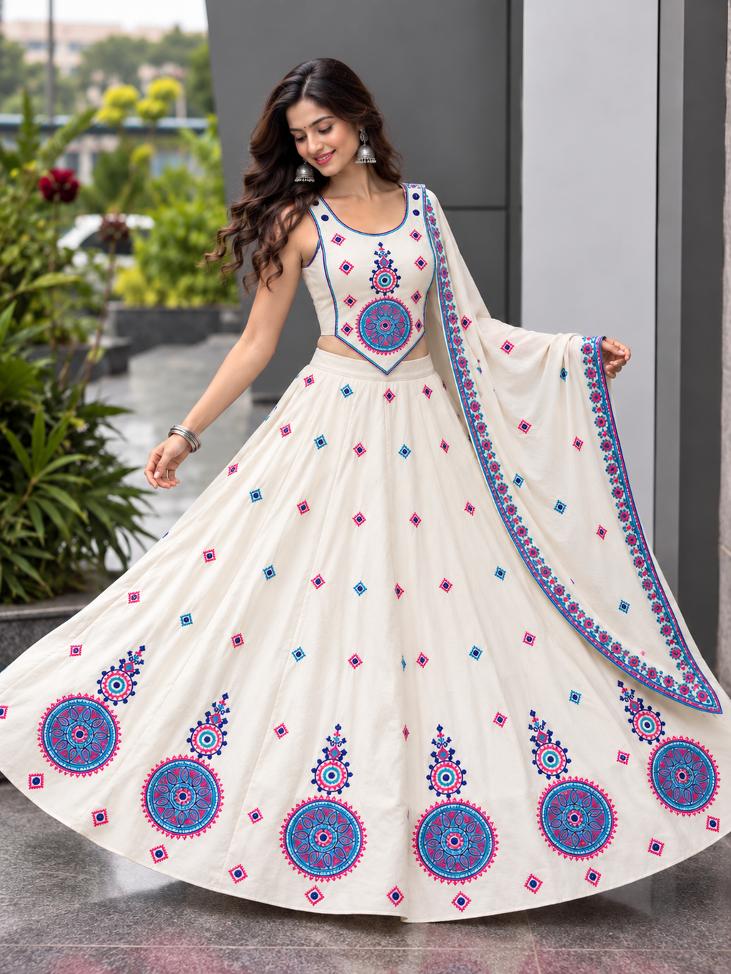 Ivory embroidered chaniya choli on model