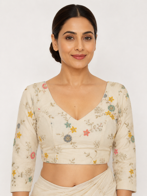 Readymade Khadi Cotton 3/4 Sleeves Back Open Blouse 6331