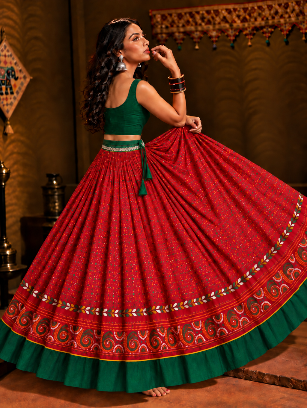 Melody Navratri Skirt Red and Green model view