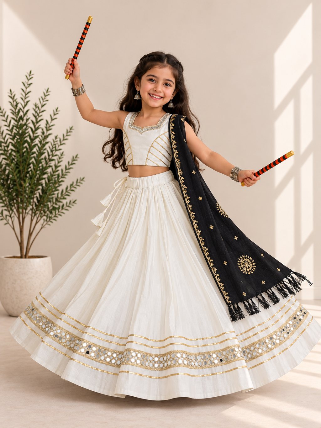 Mirror Work Kids Ghagra White