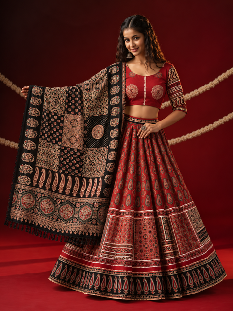 Ajrak Noor – Rust Red & Black Heritage Print Chania Choli - Plus size friendly