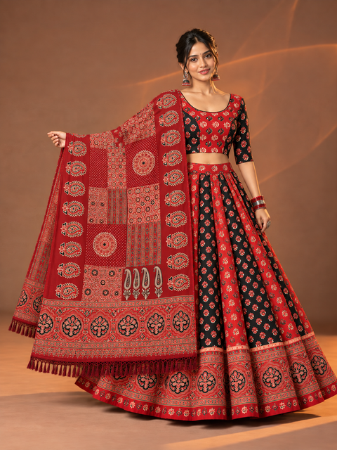 Ajrak Jugalbandi – Red & Black Traditional Chania Choli - Plus size