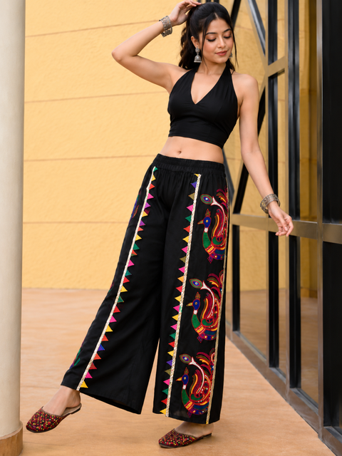 Peacock Pop Pant | Black Embroidered Navratri Palazzo Pants for Women