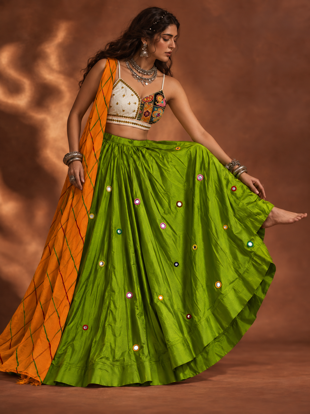 Rangilo Green Mirror Work Navratri Chania Choli model shot