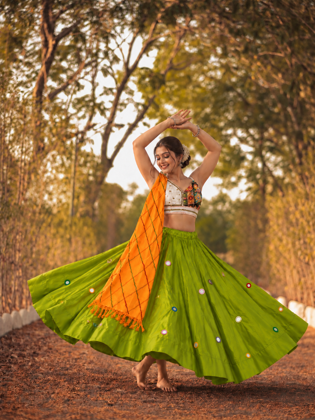 Rangilo Green Mirror Work Navratri Chania Choli model shot