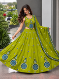 Model shot of Jhoome Jo Pathaan Green Corset Blouse Chania Choli Set