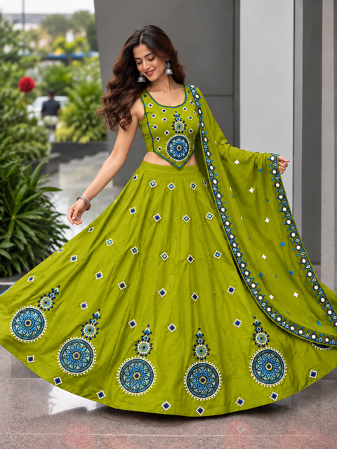 Model shot of Jhoome Jo Pathaan Green Corset Blouse Chania Choli Set